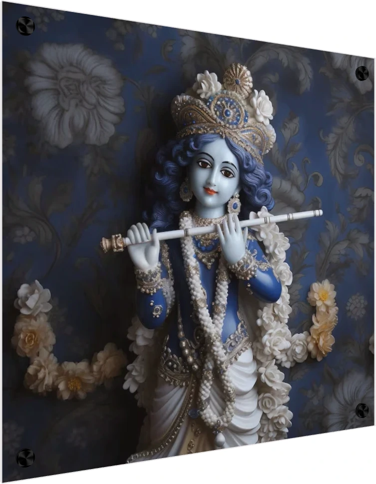 A serene blue-skinned idol of Lord Krishna holding a white flute, adorned with white flowers and a golden crown against a dark blue floral background. — acrylic preview | PrintPosters.in